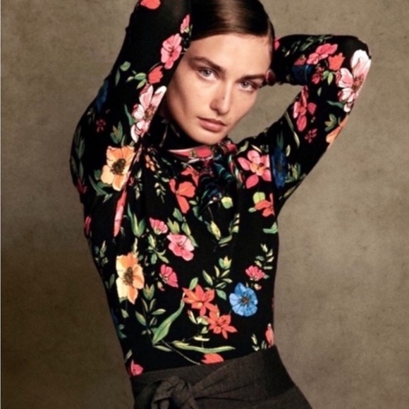 Maeve Floral Mock Neck Long Sleeve Shirt Womens Size Petite Medium - Picture 4 of 11